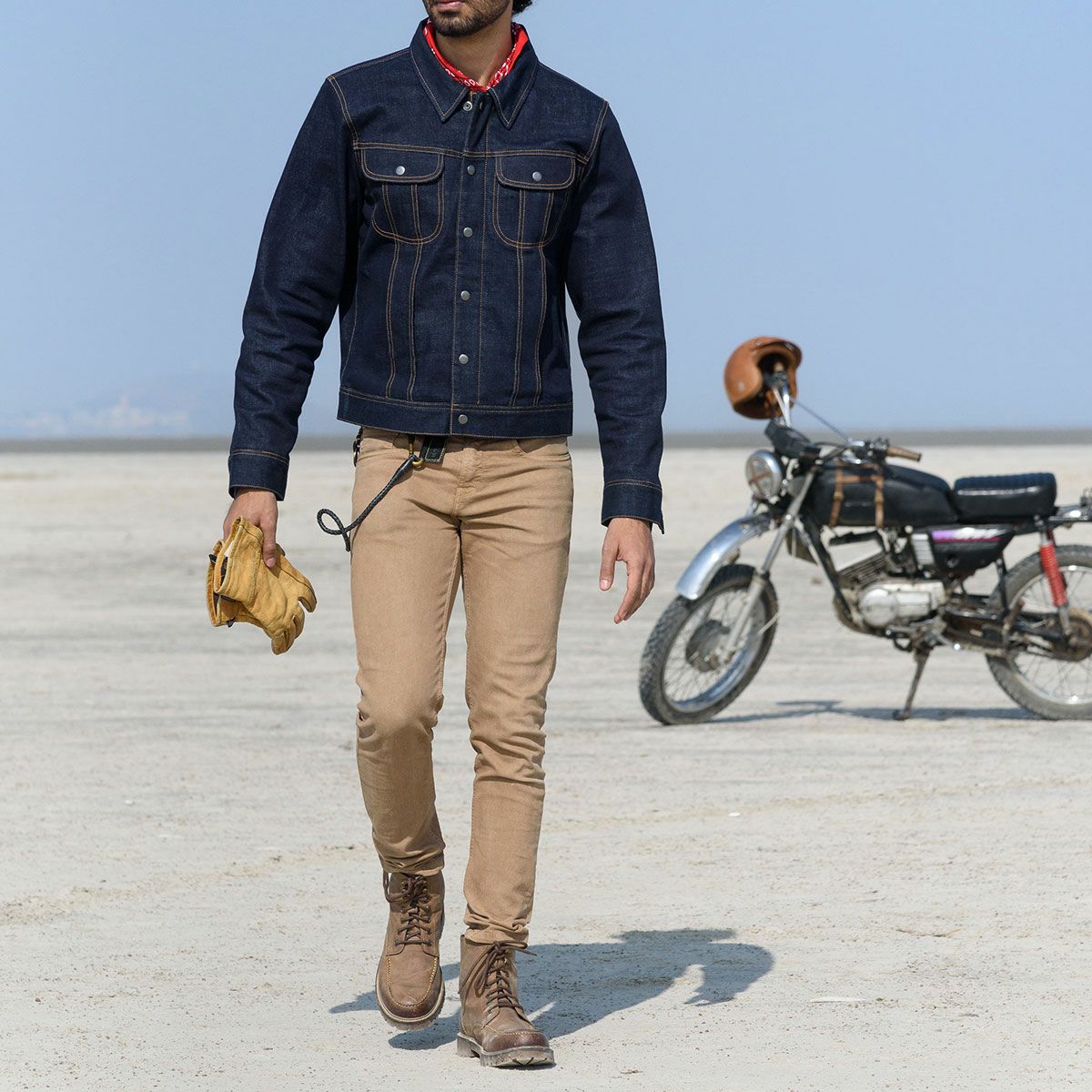 Trip Machine｜”ゼロ” デニム ライディングジャケット｜ファブリック｜インディゴ｜モデル着用