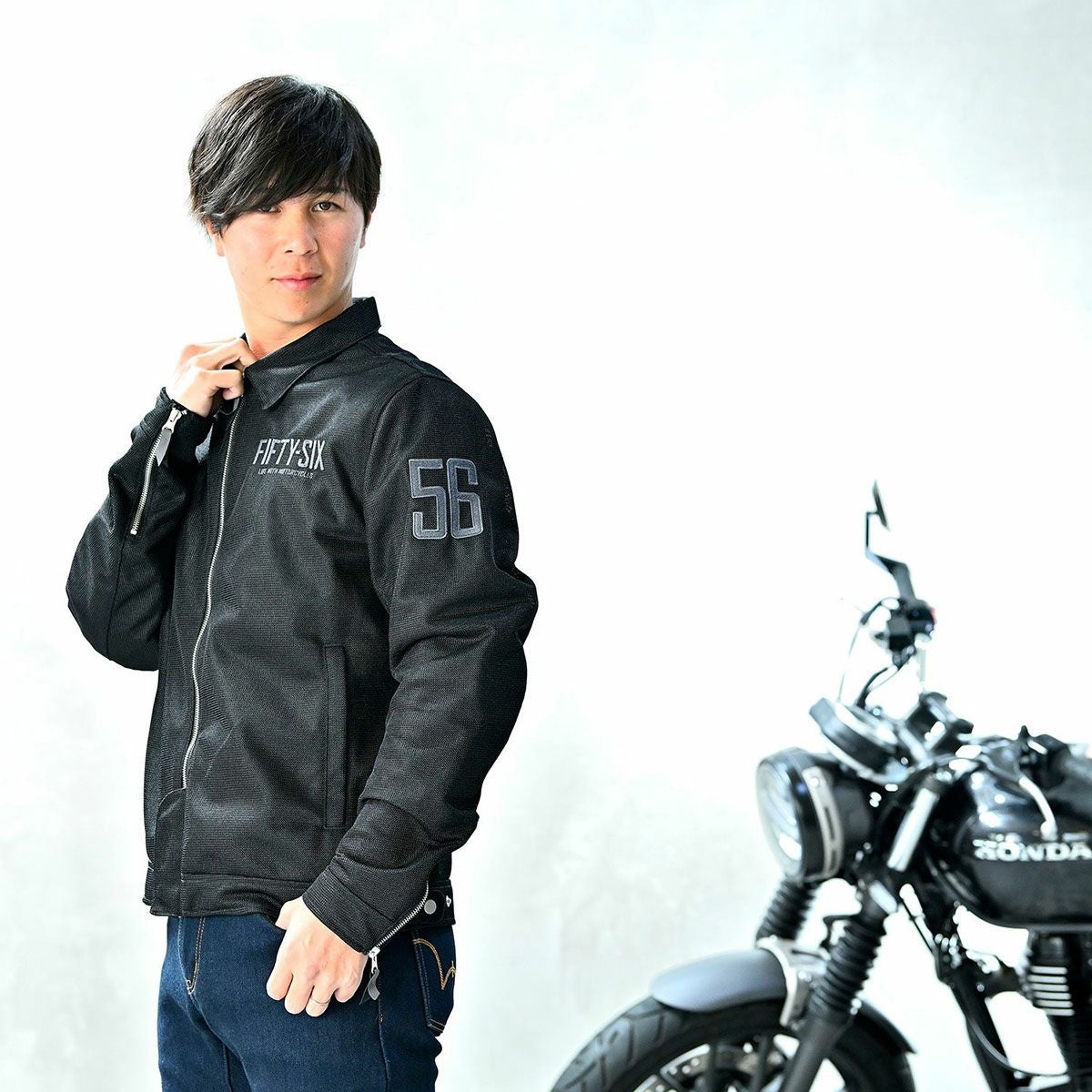 56design｜ワーカー メッシュジャケット｜ファブリック｜ブラック｜モデル着用