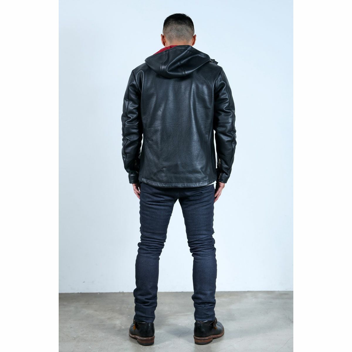 Dark｜防水レザーフードジャケット｜レザー｜ブラック｜モデル着用