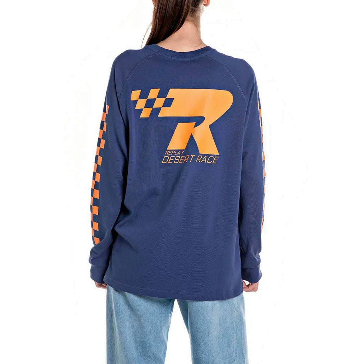 Replay｜チェッカープリント ロングスリーブ Tシャツ｜スキッパーブルー｜モデル着用