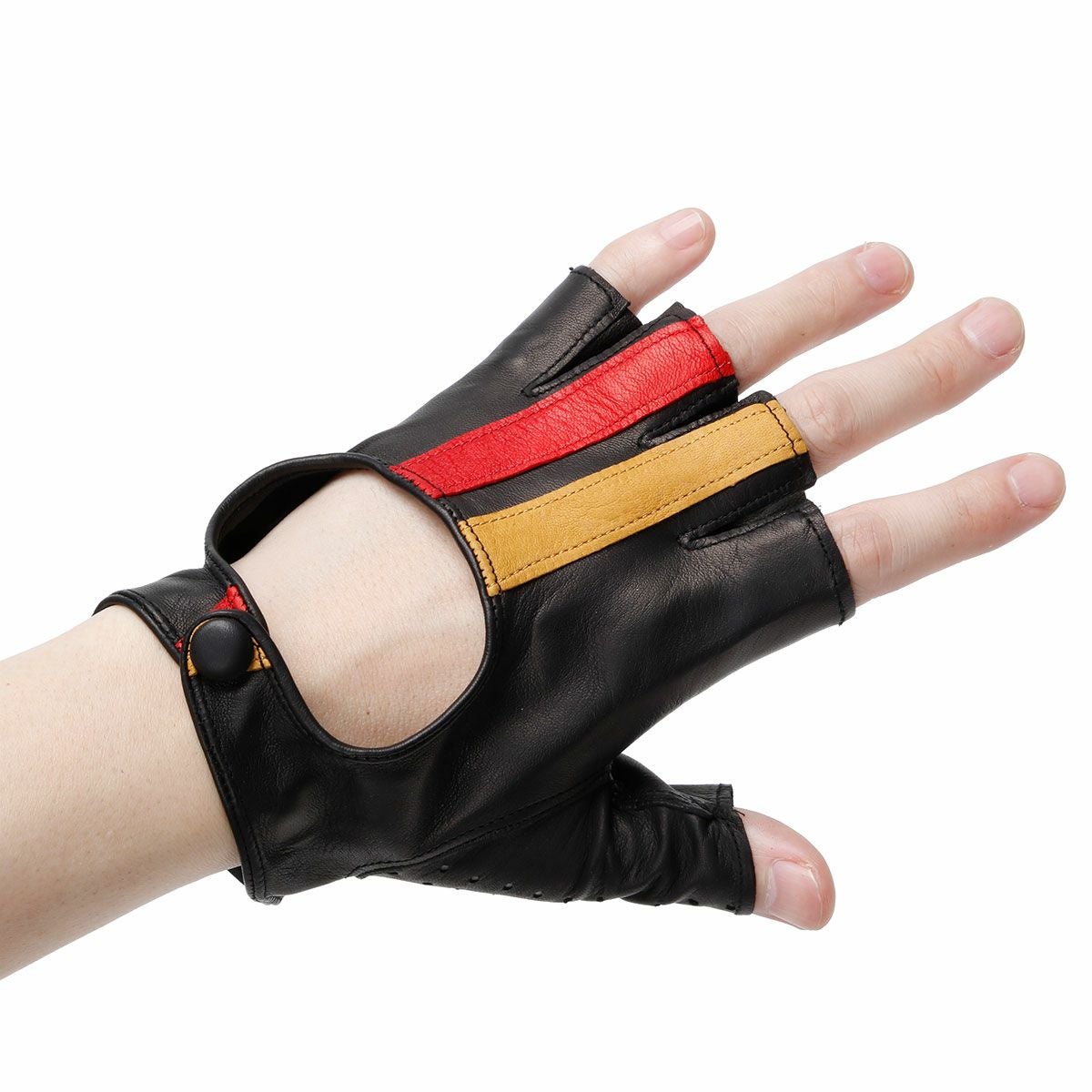 Motorimoda｜アウトバーン レザー ドライビンググローブ｜ハーフ｜ブラック×レッド×イエロー｜モデル着用