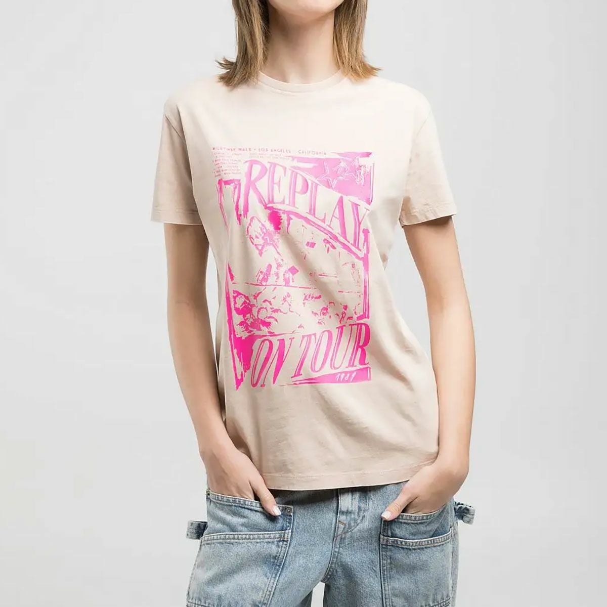 Replay｜レギュラーフィット プリント Tシャツ｜ピンクソルト｜モデル着用