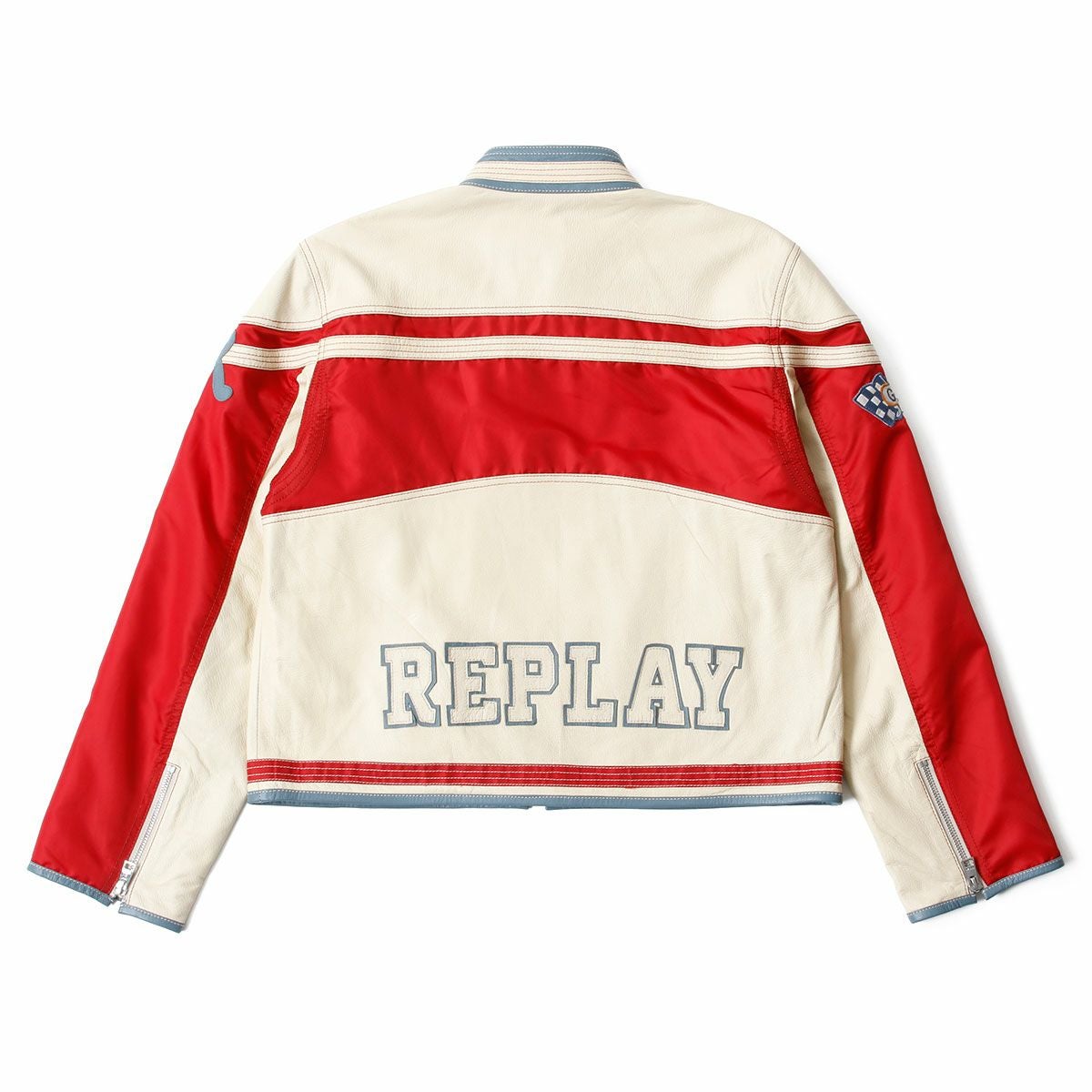 Replay｜レギュラーフィット レザージャケット｜バターホワイト×レッド×ブルー