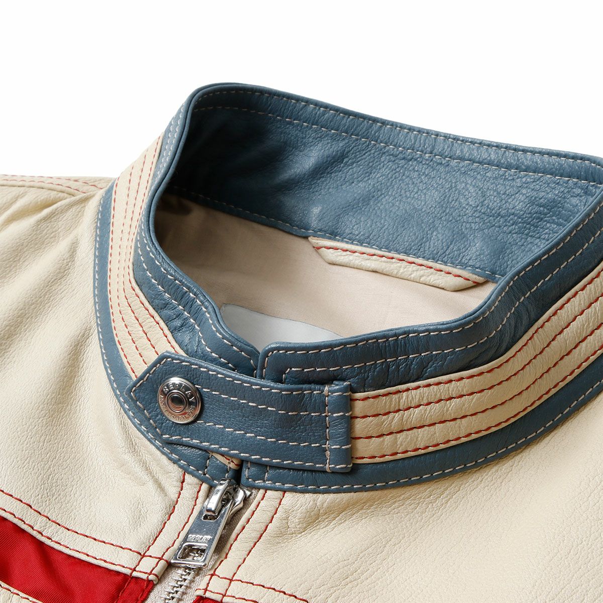 Replay｜レギュラーフィット レザージャケット｜バターホワイト×レッド×ブルー