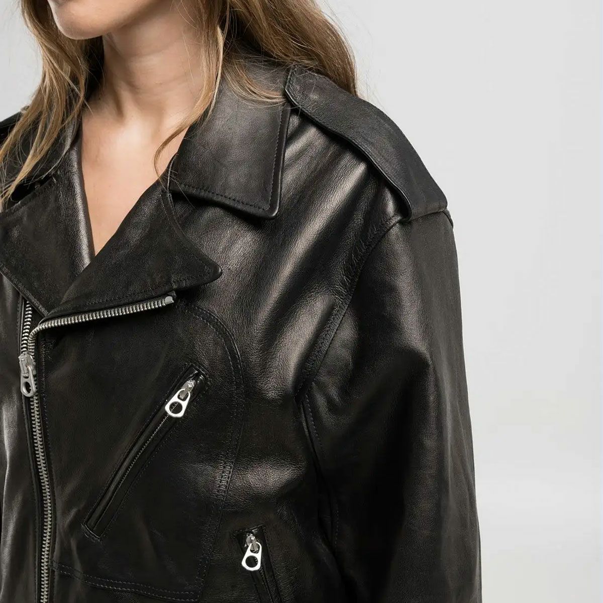 Replay｜ラペルカラー バイカージャケット｜レザー｜ブラック｜モデル着用