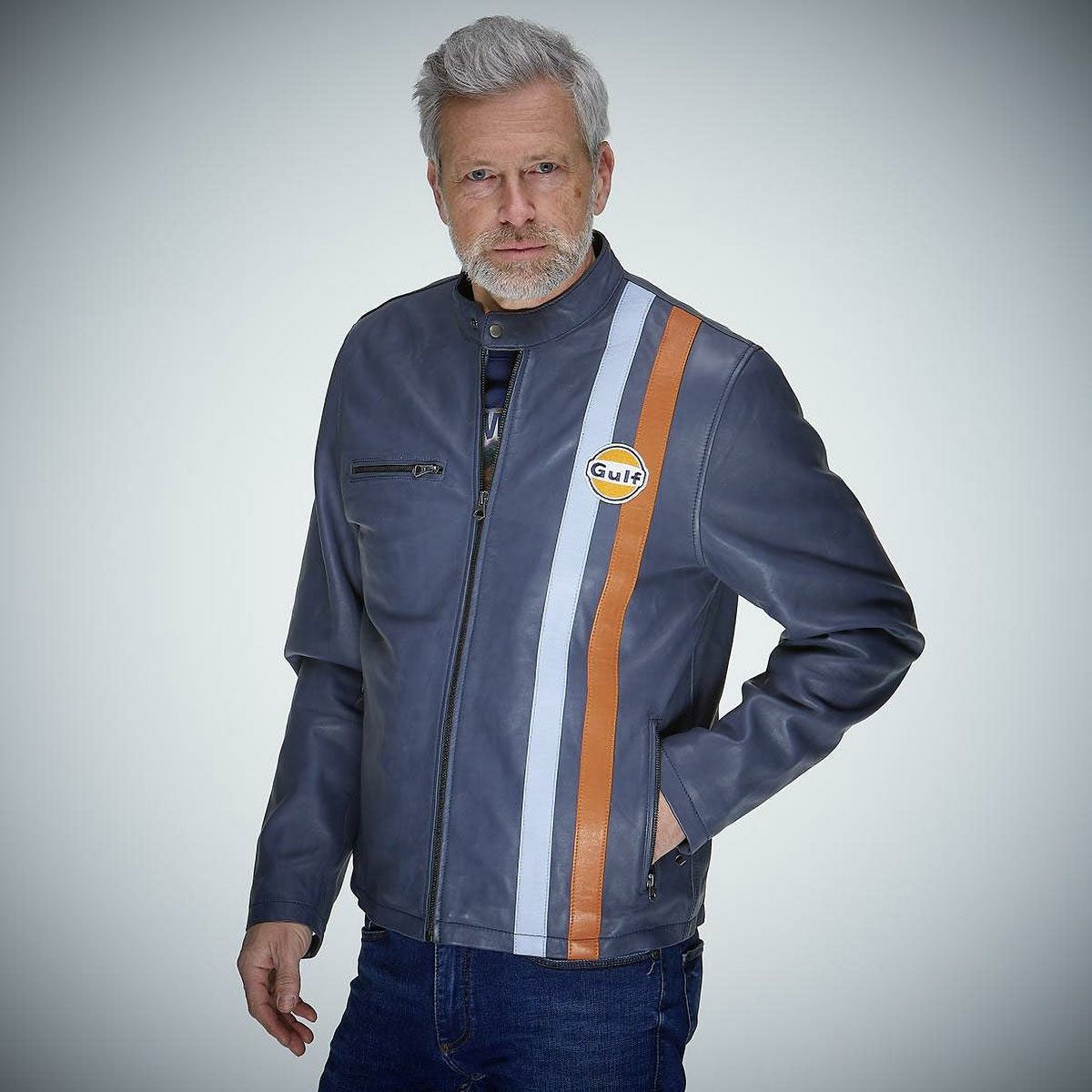 GULF｜ガルフ ロードマスター レザージャケット｜アウター｜ネイビー｜モデル着用