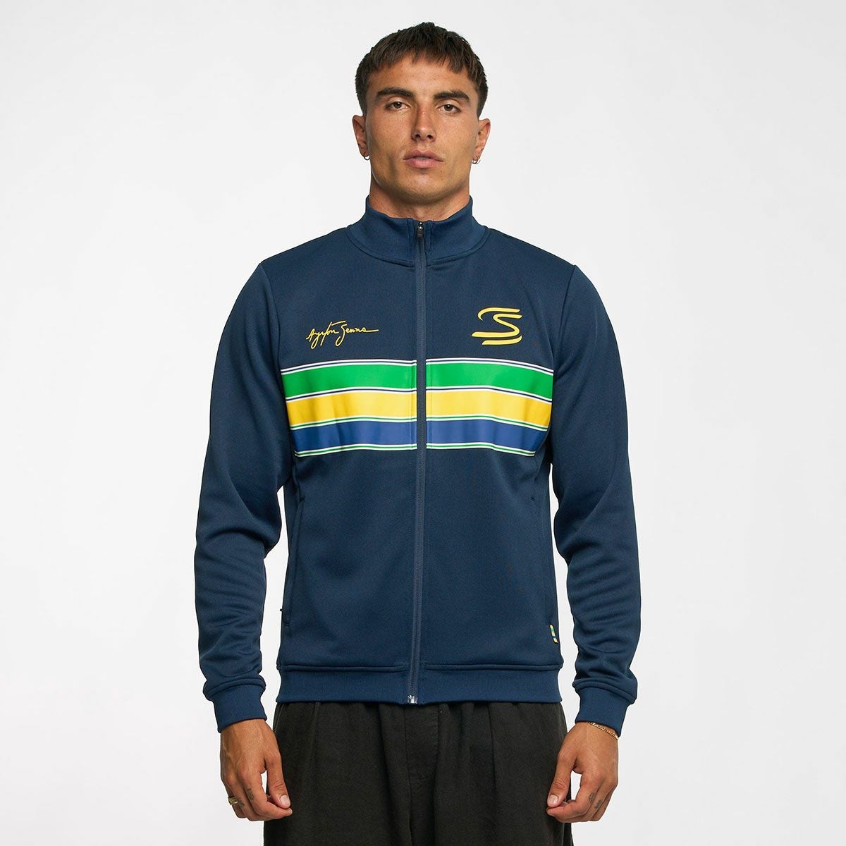 AyrtonSenna｜アイルトン・セナ レトロ ストライプ ジャケット｜アウター｜ネイビー｜モデル着用