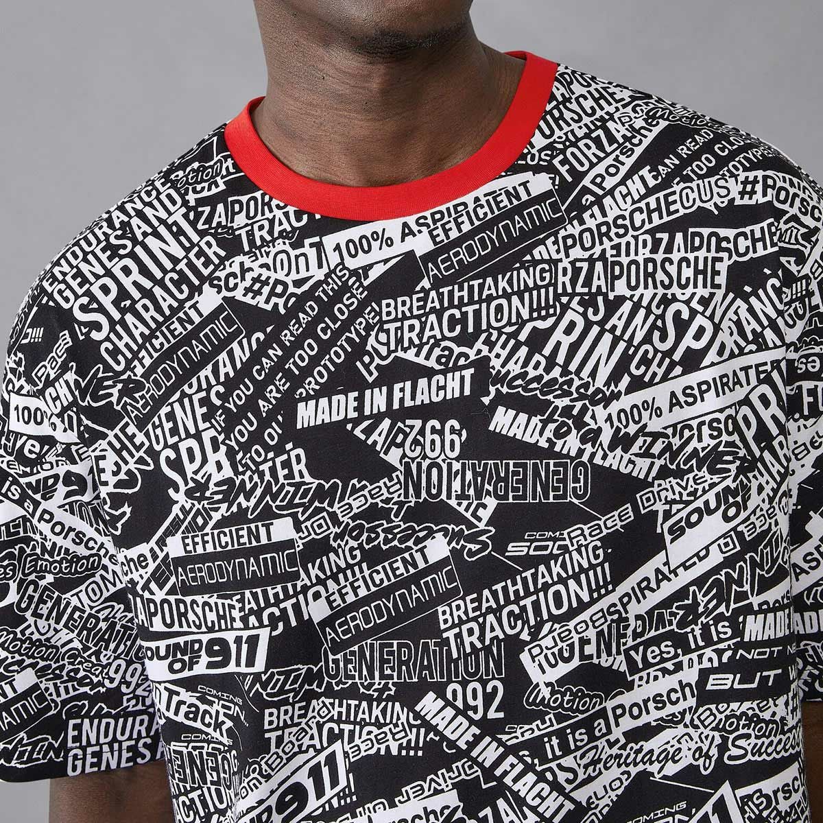 PORSCHE｜ポルシェ モータースポーツ FW オーバーサイズ Tシャツ｜ブラック×レッド｜モデル着用