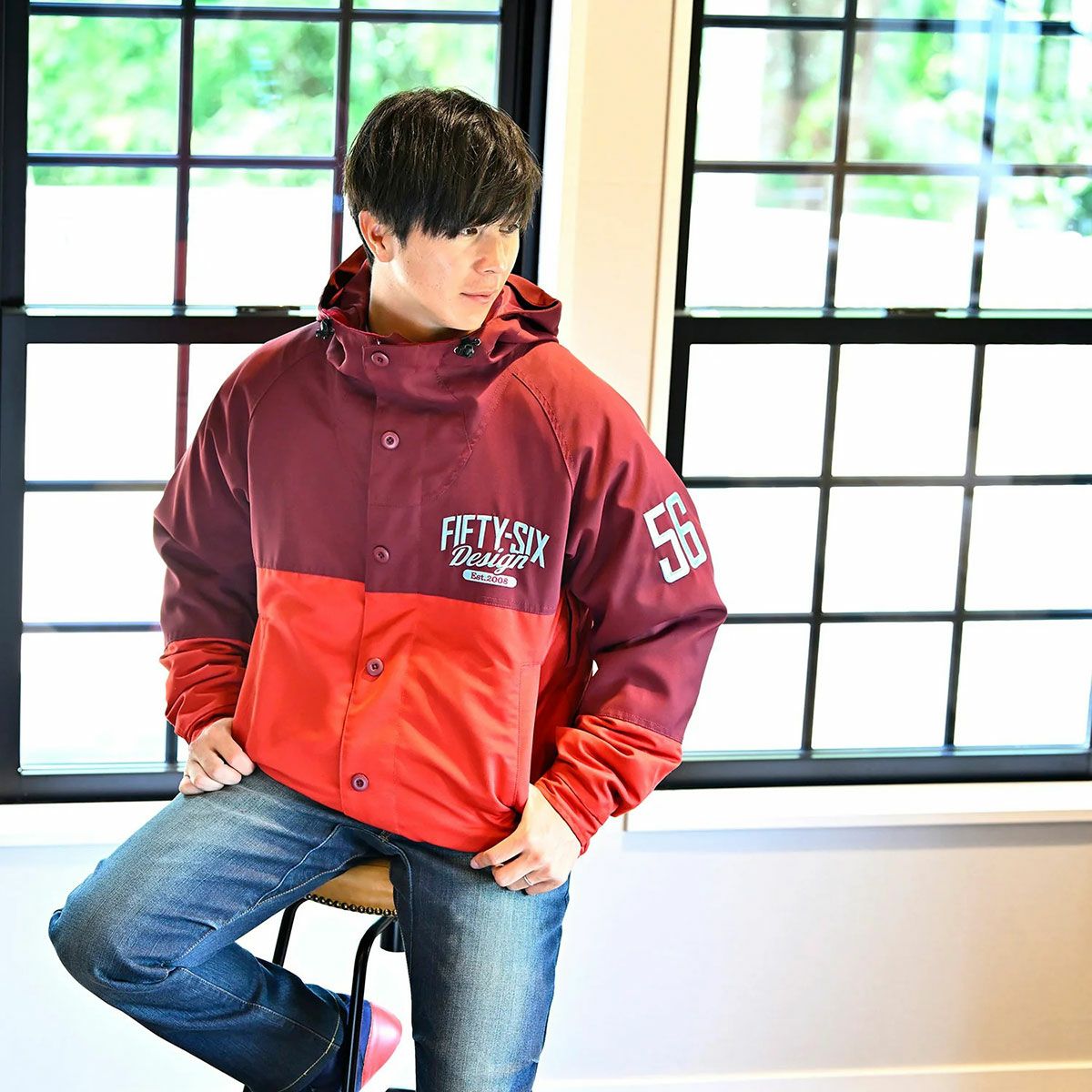 56design｜バイカラー ウォーム ジャケット｜アウター｜ワイン×レッド｜モデル着用