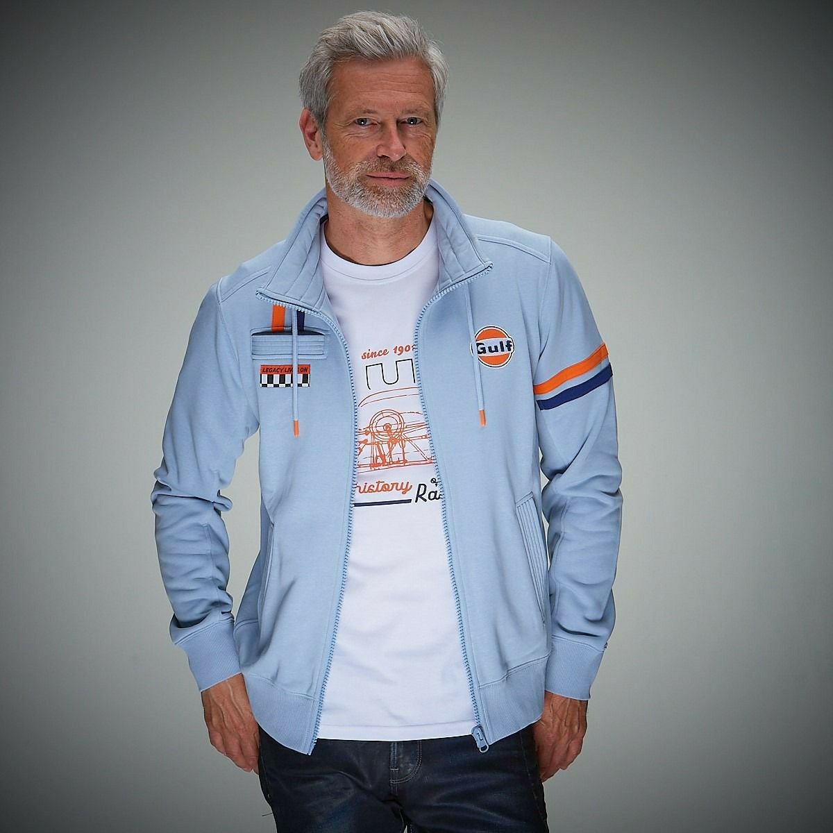 GULF｜ガルフ ハイブリッド ジップ ジャケット｜スウェット｜ライトブルー｜モデル着用