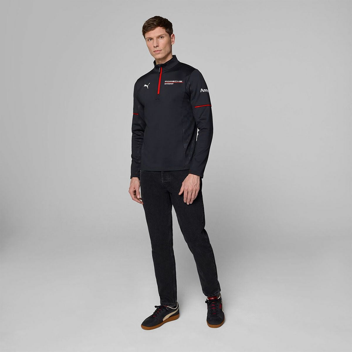 PORSCHE｜ポルシェ モータースポーツ レプリカ ミッドレイヤー｜ロングスリーブ｜ブラック｜モデル着用