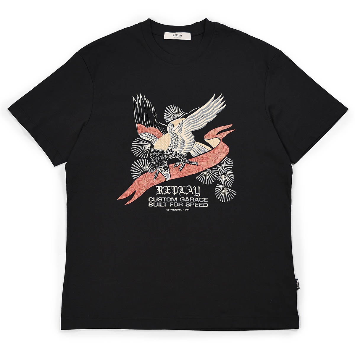 REPLAY｜フロントプリント リラックスフィット Tシャツ｜トップス｜ブラック｜モデル着用