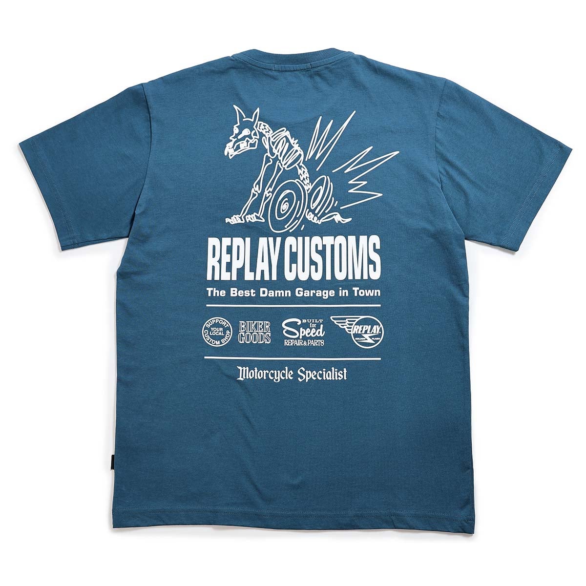 REPLAY｜カスタム プリント ジャージー Tシャツ｜トップス｜ペトロールブルー｜モデル着用