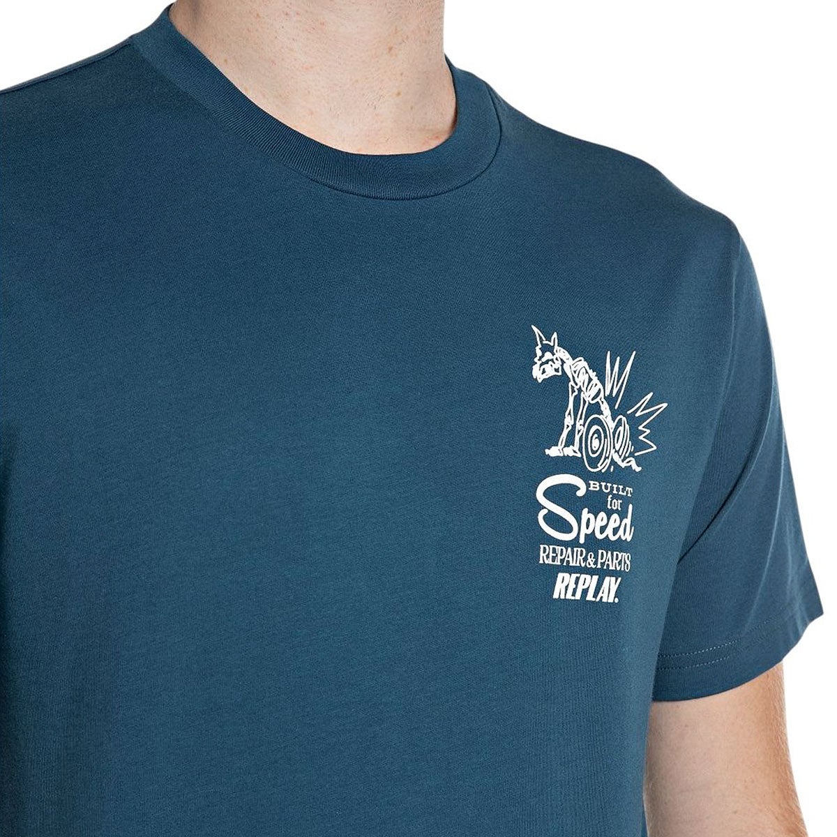 REPLAY｜カスタム プリント ジャージー Tシャツ｜トップス｜ペトロールブルー｜モデル着用