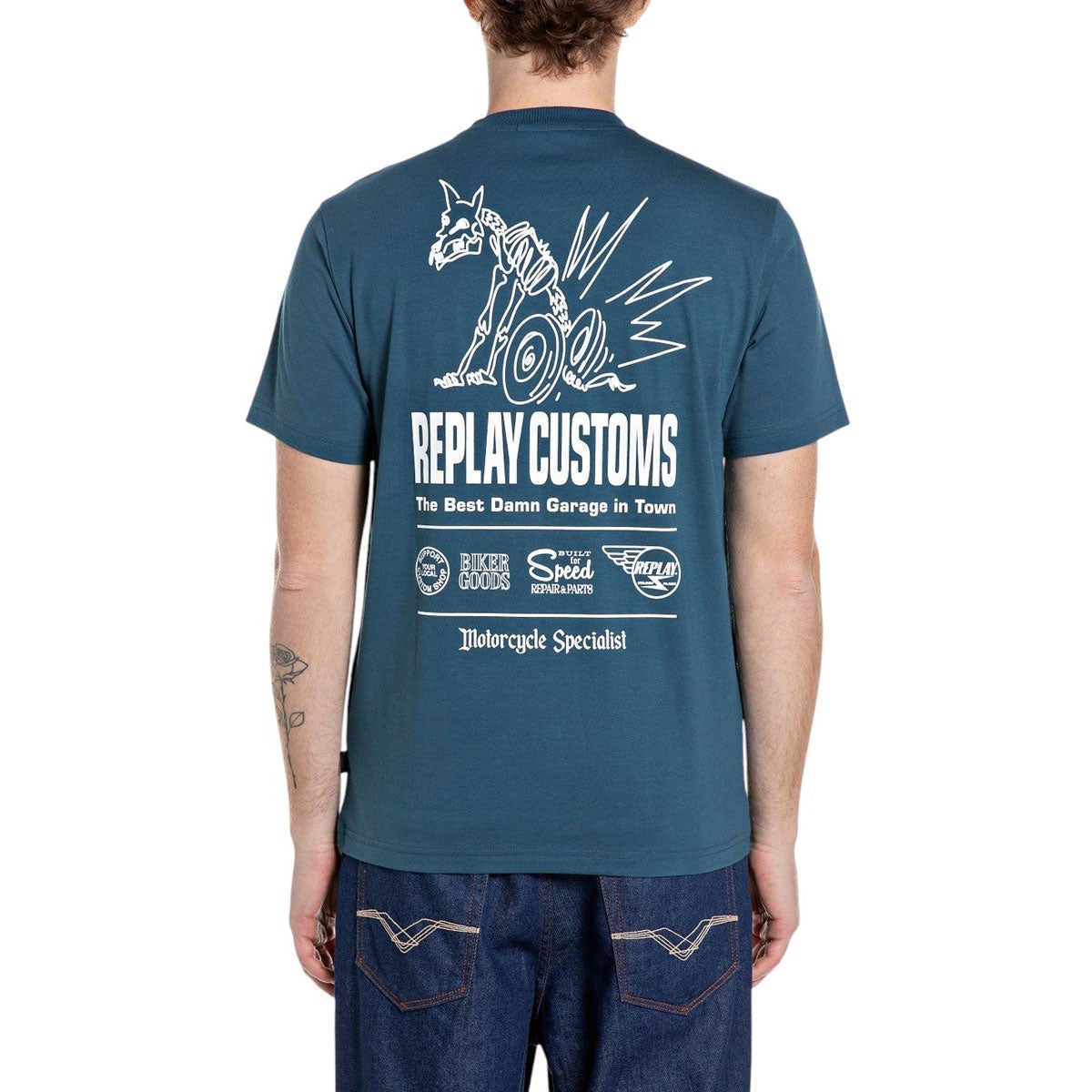 REPLAY｜カスタム プリント ジャージー Tシャツ｜トップス｜ペトロールブルー｜モデル着用