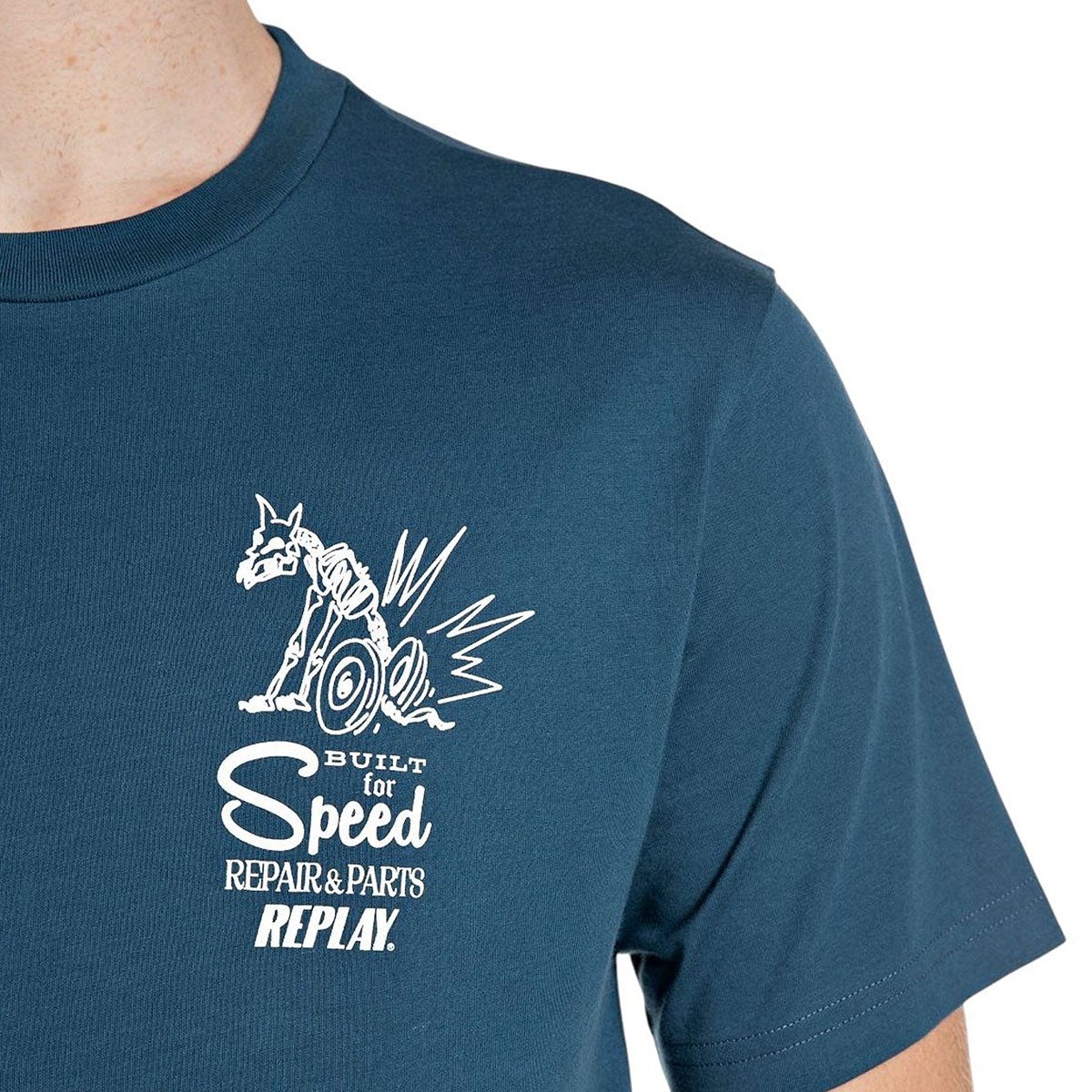 REPLAY｜カスタム プリント ジャージー Tシャツ｜トップス｜ペトロールブルー｜モデル着用