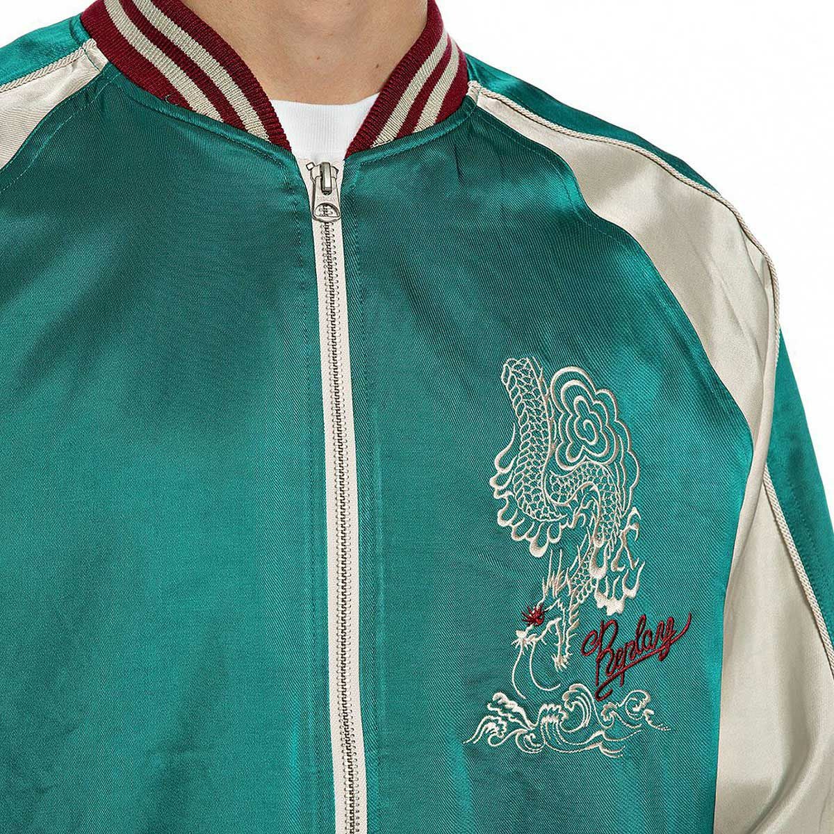 REPLAY｜サテンボンバージャケット｜アウター｜エメラルドグリーン｜モデル着用