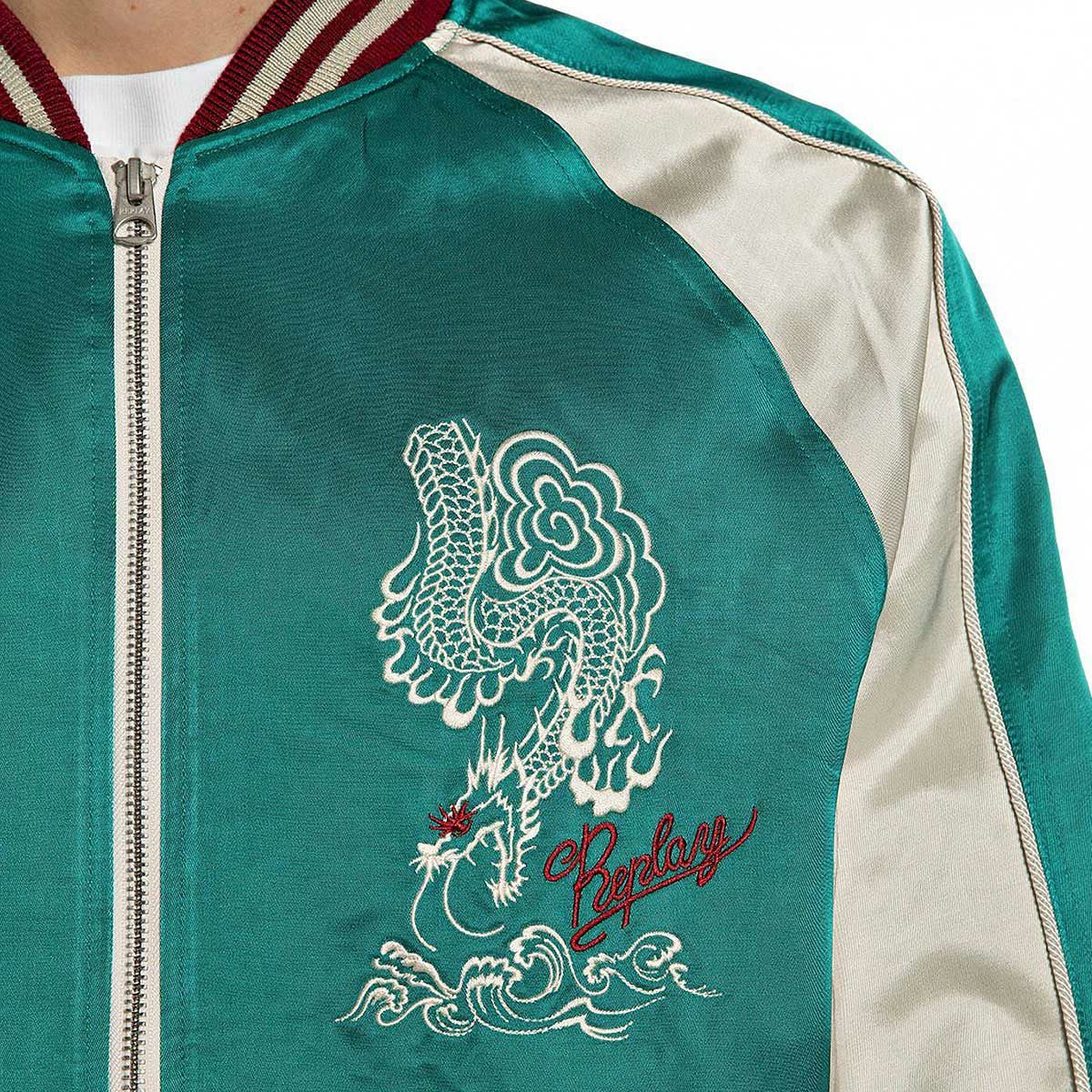 REPLAY｜サテンボンバージャケット｜アウター｜エメラルドグリーン｜モデル着用