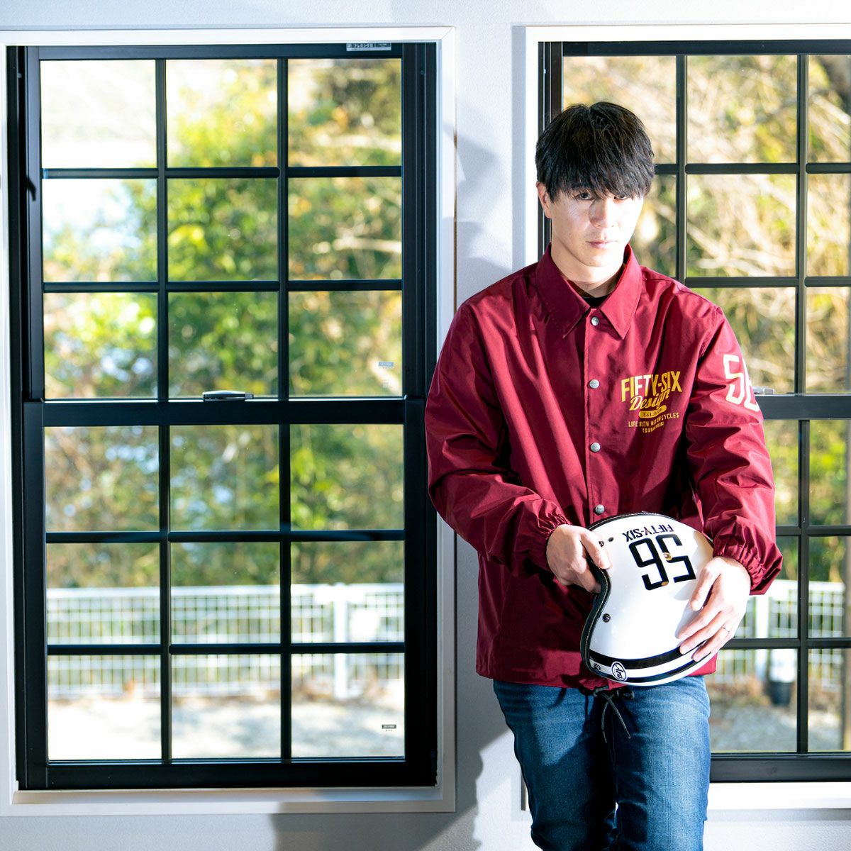 56design｜ライディング コーチ ジャケット 4｜アウター｜バーガンディ｜モデル着用