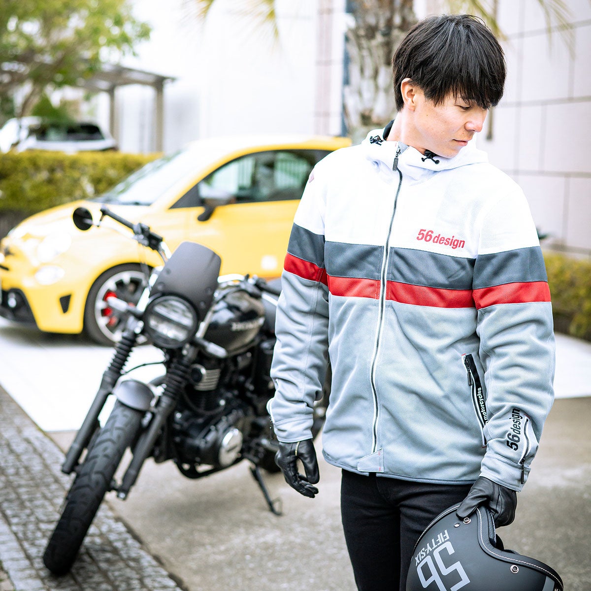 56design｜レトロ ボーダー メッシュ パーカー｜アウター｜ホワイト×イエロー｜モデル着用