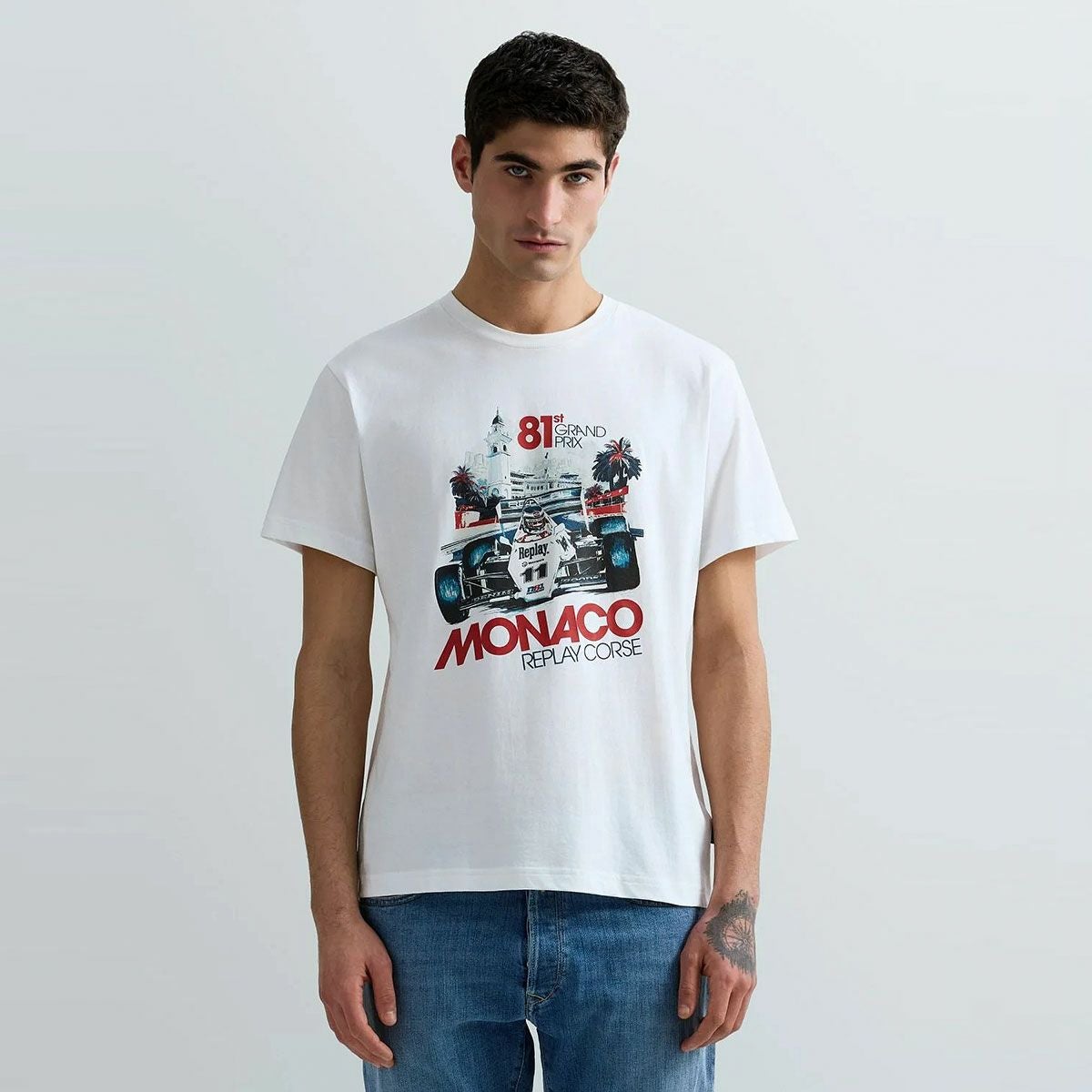 REPLAY｜フォーミュラ1 グラフィック ジャージー Tシャツ｜トップス｜ナチュラルホワイト｜モデル着用