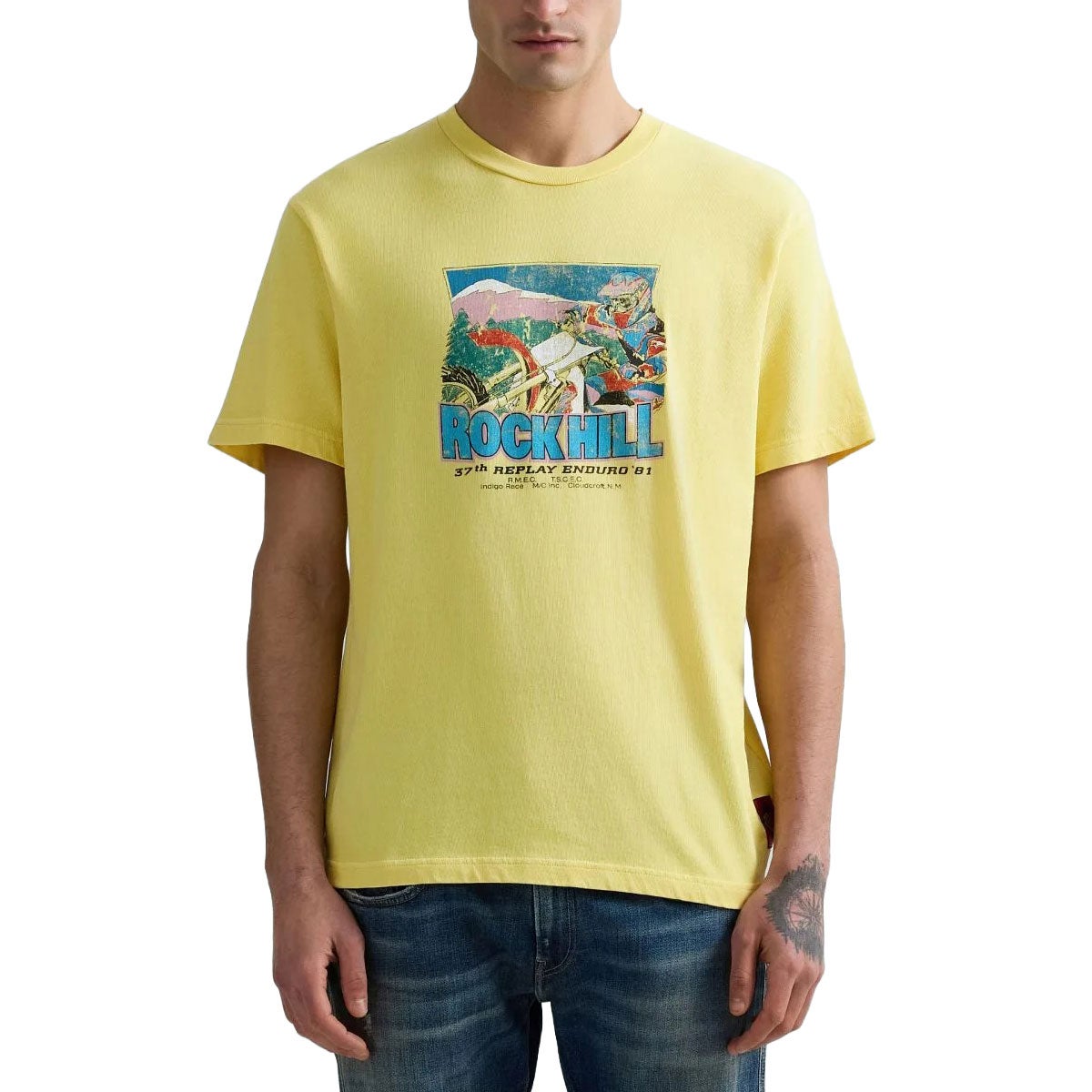 REPLAY｜モーターバイク プリント ジャージー Tシャツ｜トップス｜レモンイエロー