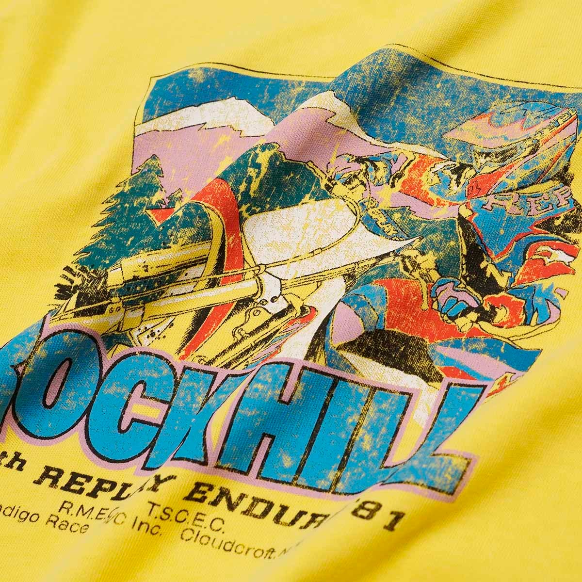 REPLAY｜モーターバイク プリント ジャージー Tシャツ｜トップス｜レモンイエロー｜モデル着用