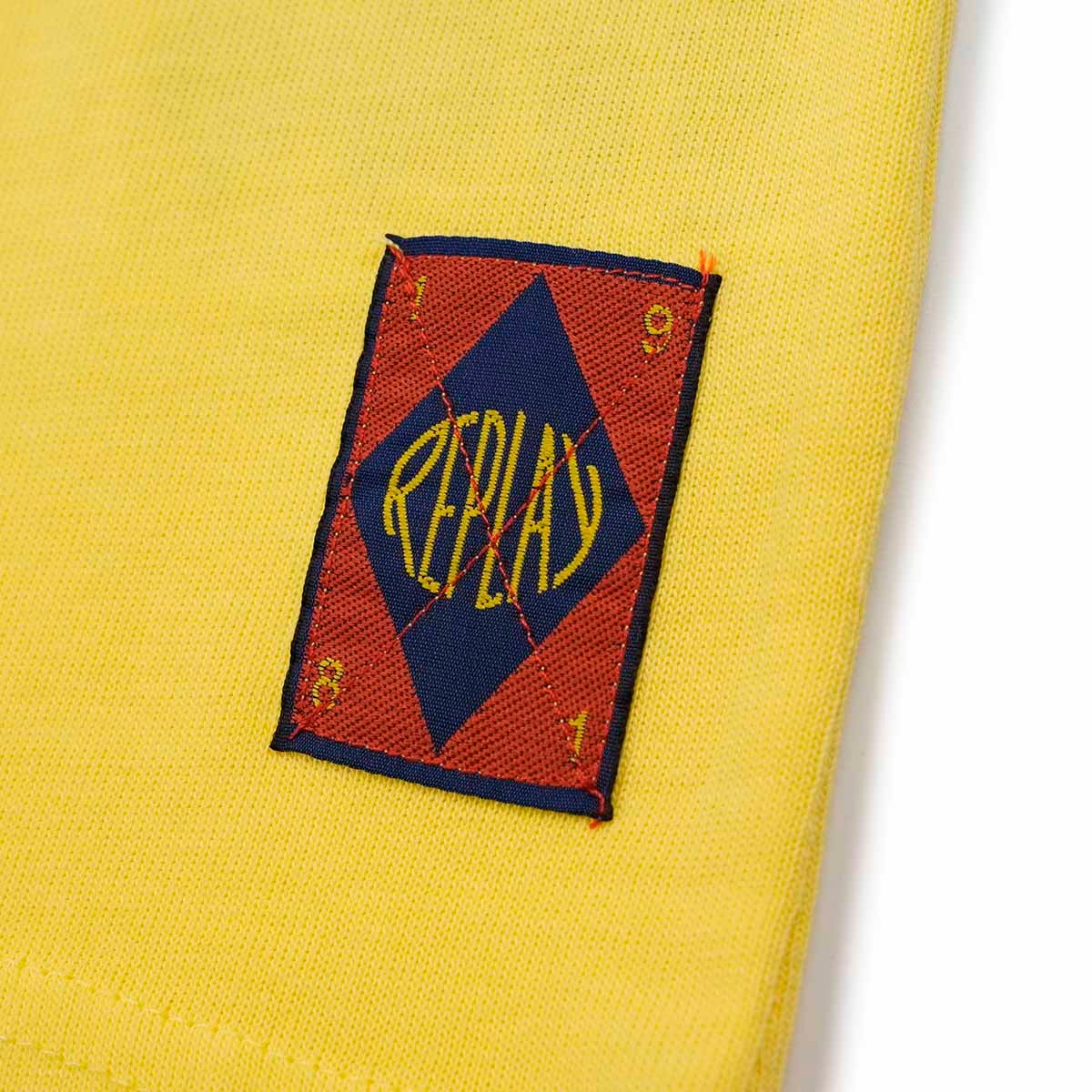 REPLAY｜モーターバイク プリント ジャージー Tシャツ｜トップス｜レモンイエロー｜モデル着用