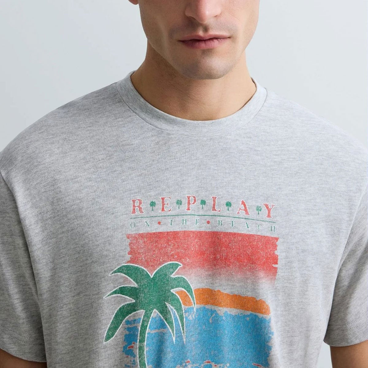 REPLAY｜カリフォルニア プリント ジャージー Tシャツ｜トップス｜グレーメランジ｜モデル着用