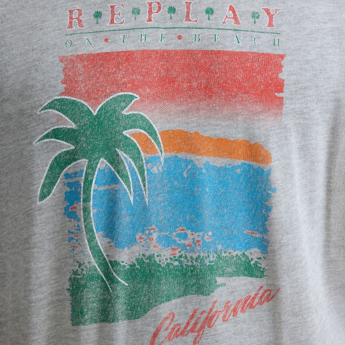 REPLAY｜カリフォルニア プリント ジャージー Tシャツ｜トップス｜グレーメランジ｜モデル着用
