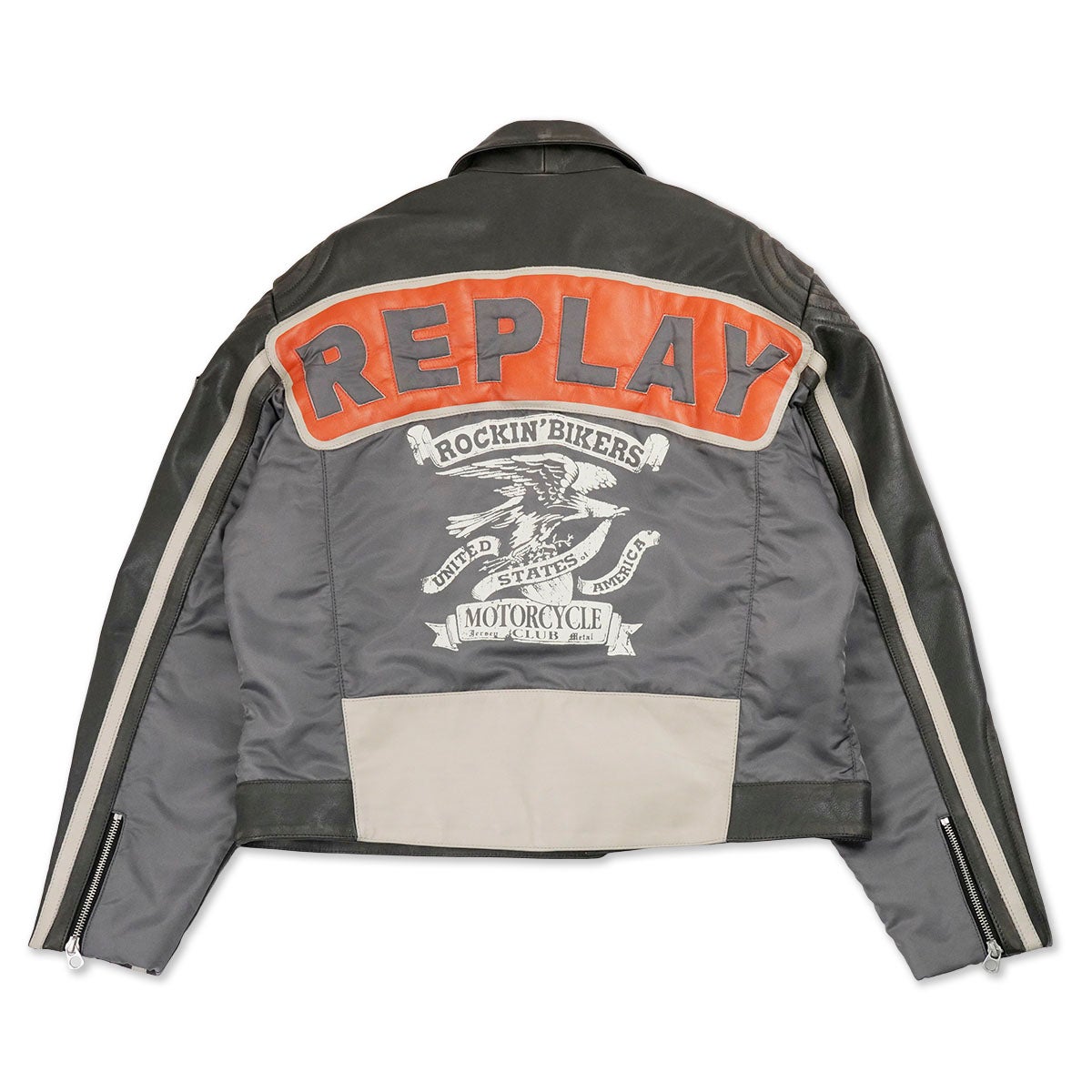 REPLAY｜ボーイフレンドフィット ウィメンズ レザーモーターサイクルジャケット｜アウター｜ダークグレー｜モデル着用