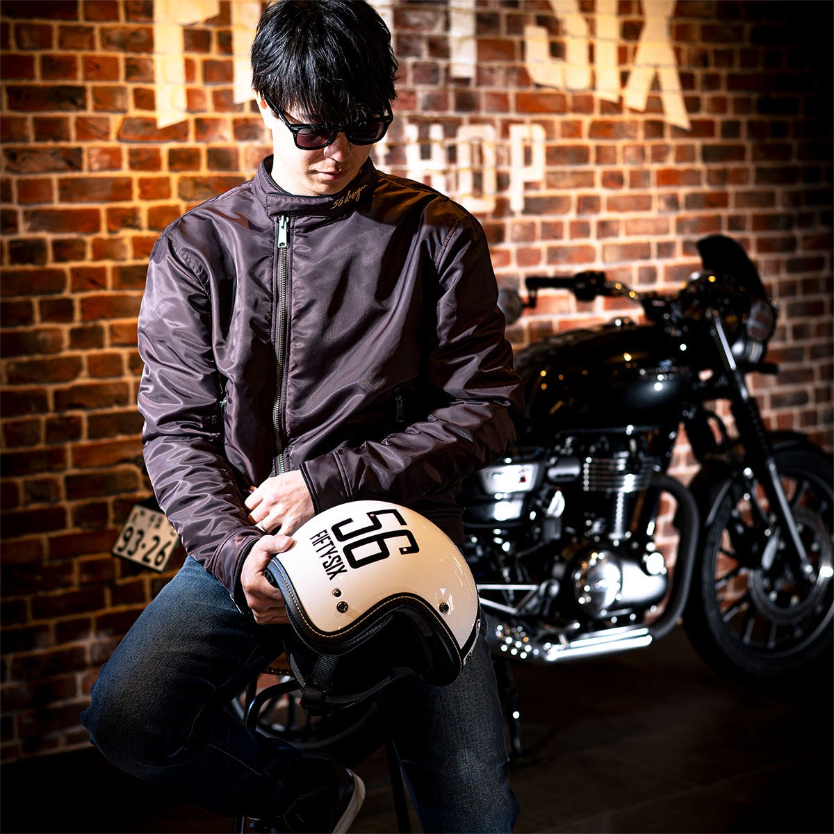 56design｜シグネチャー ライダース ジャケット｜アウター｜ダークブラウン｜モデル着用