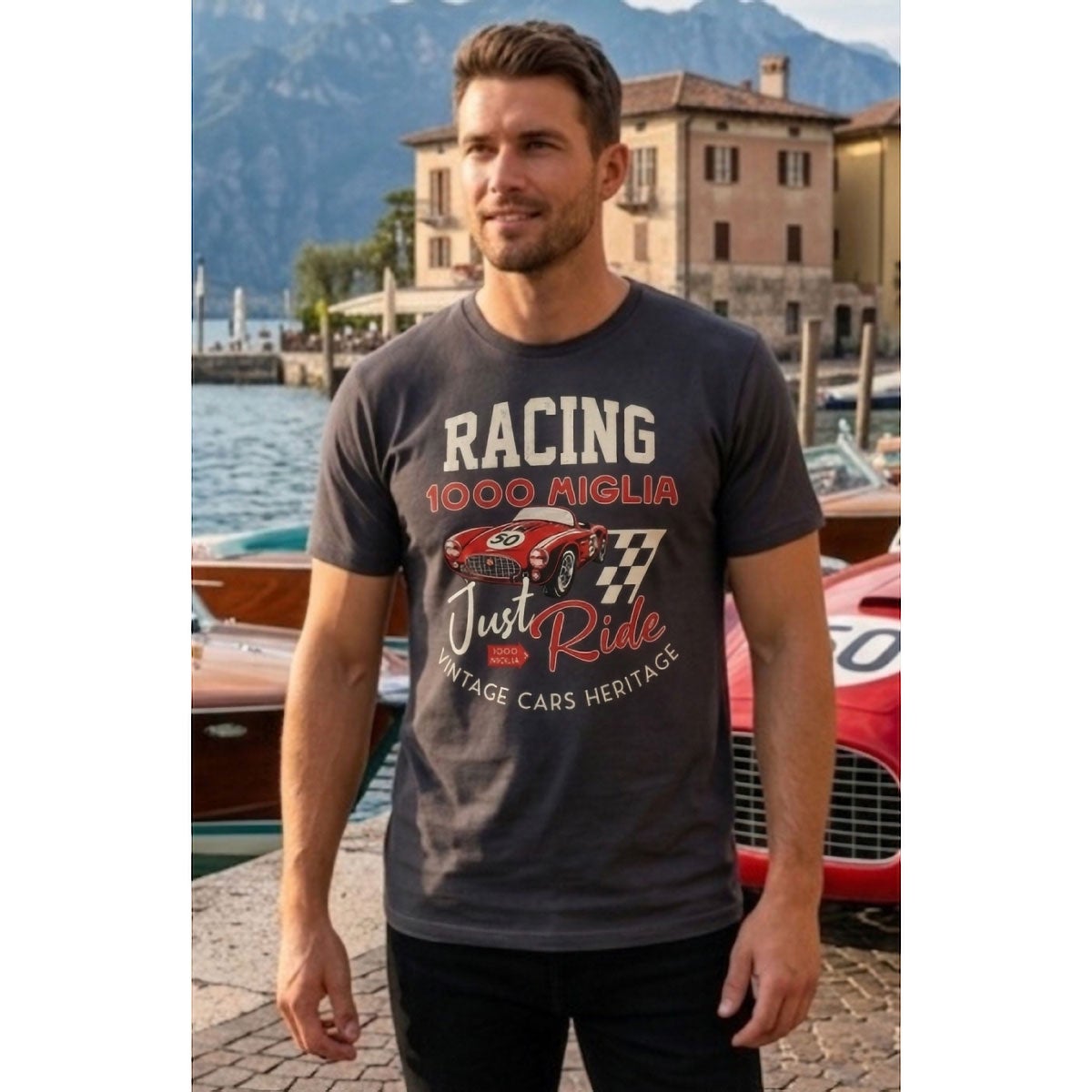 Mille Miglia｜GRIGIO RACING Tシャツ｜ウェア｜ダークグレー｜モデル着用
