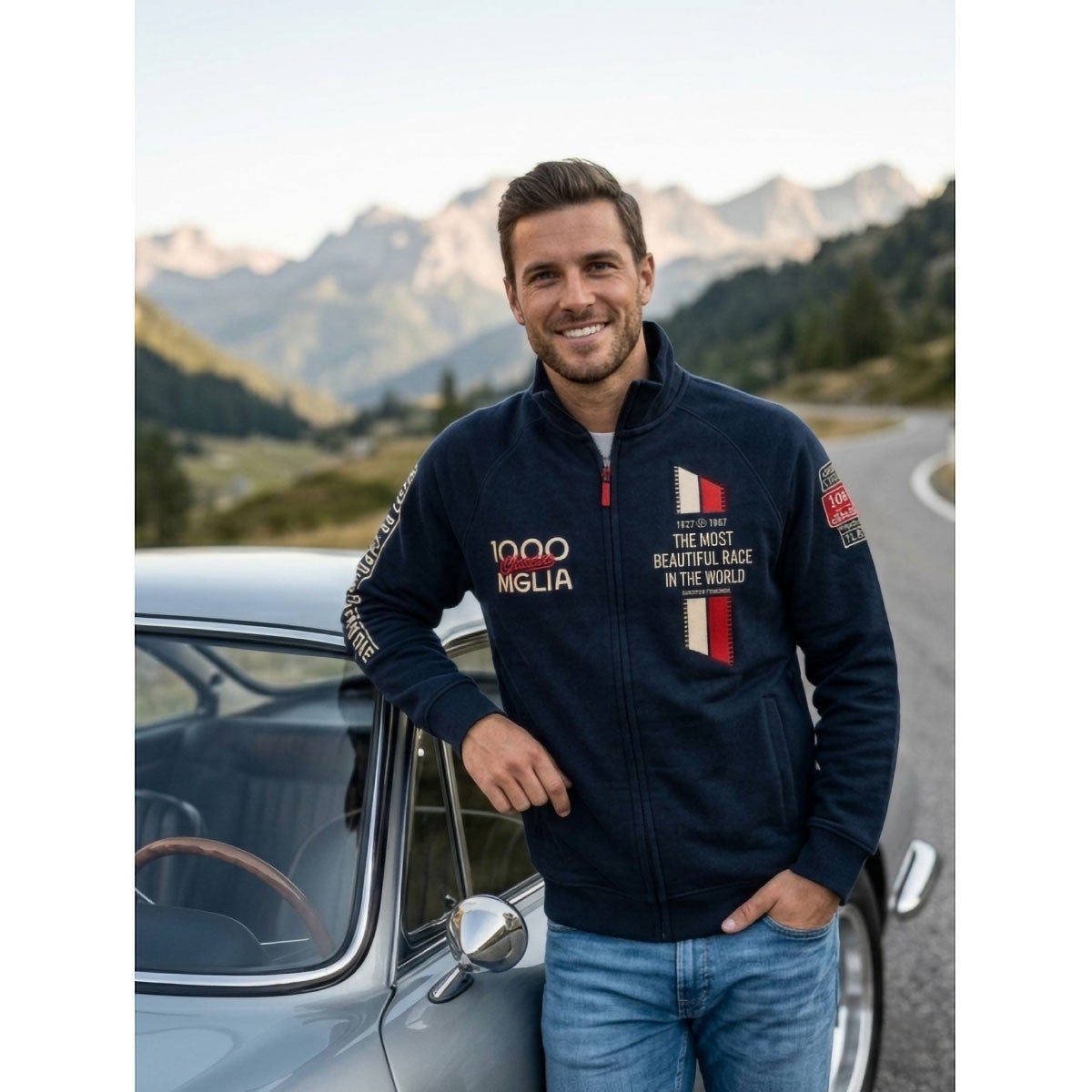 Mille Miglia｜フルジップ スウェットシャツ｜アウター｜ネイビー｜モデル着用