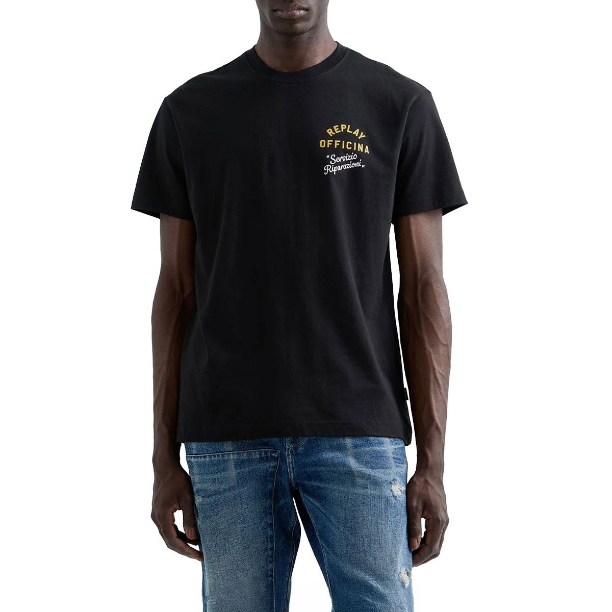 REPLAY｜レギュラーフィット オフィチーナ Tシャツ｜Tシャツ｜ブラック｜モデル着用