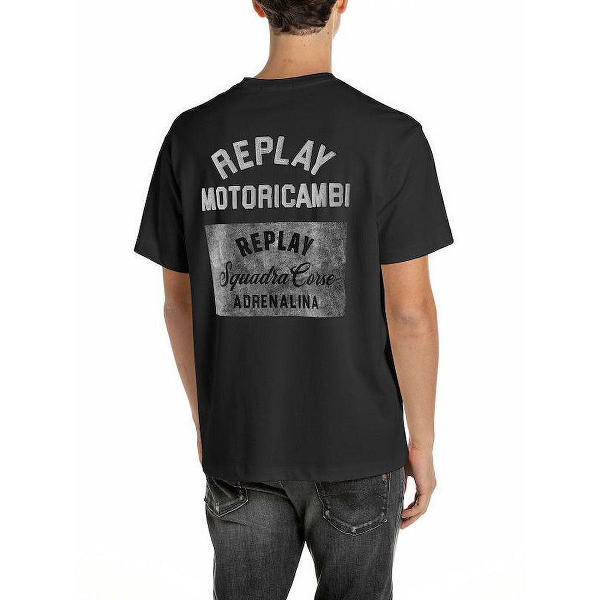 REPLAY｜レギュラーフィット モトリカビ Tシャツ｜Tシャツ｜ブラック｜モデル着用