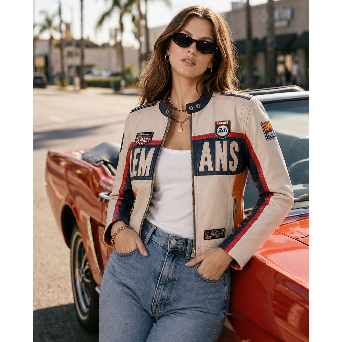 CLASSIC LEGEND MOTORS｜TIMER WOMAN ウィメンズジャケット Young Timer コレクション｜アウター｜エクリュ/ネイビー/オレンジ｜モデル着用