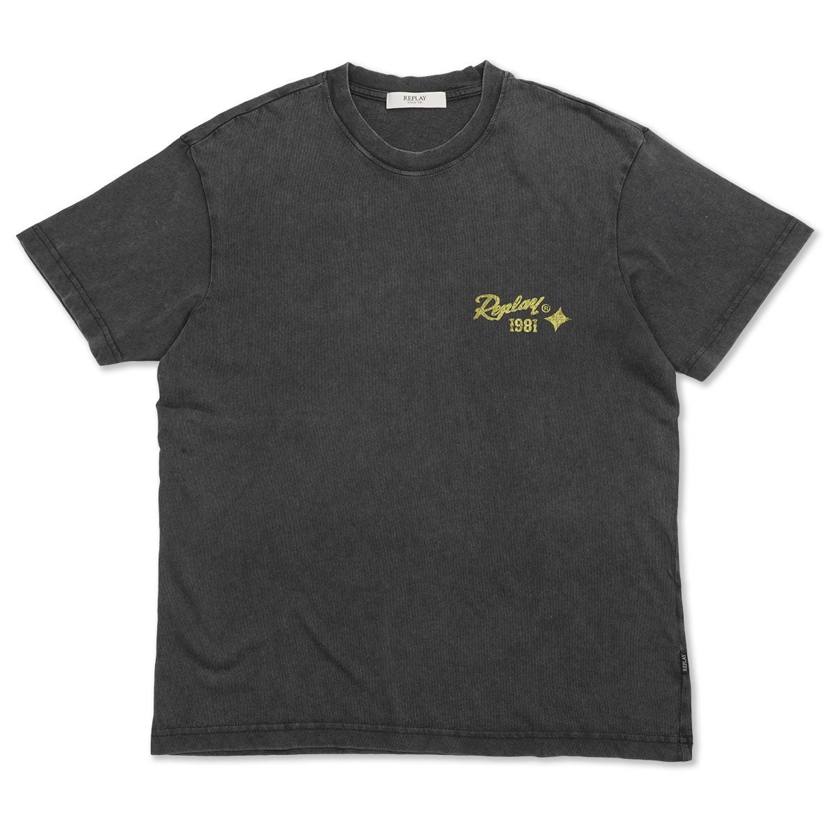 REPLAY｜コットン ラスティック ジャージー レギュラーフィットTシャツ｜トップス｜ブラックデラヴェ