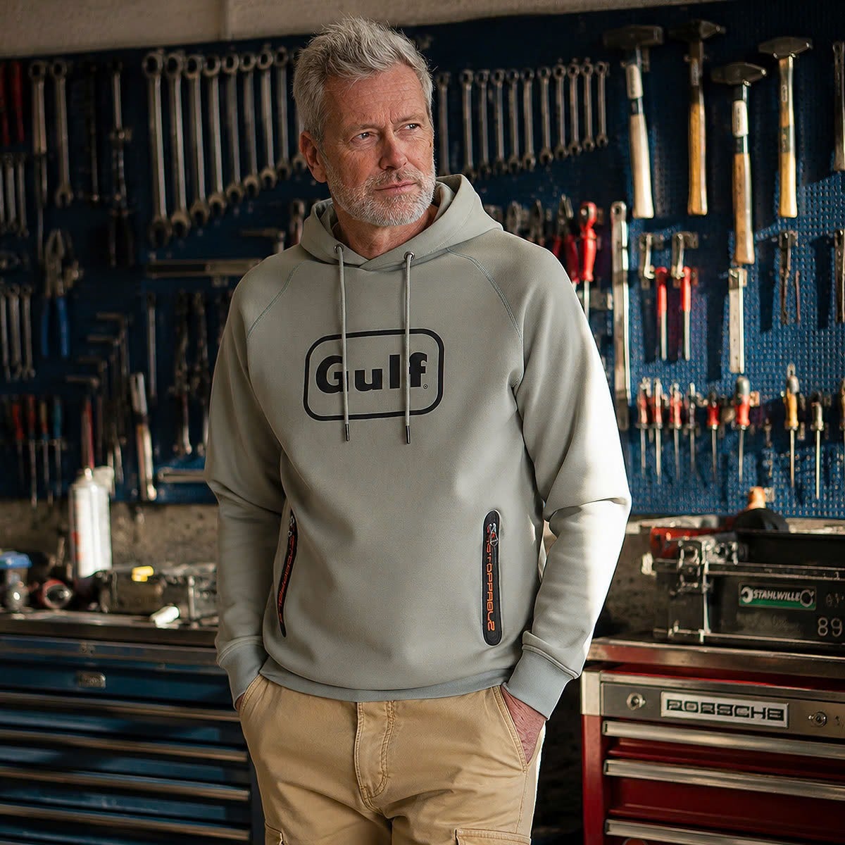 GULF｜ガルフ ストレッチ フーディ｜ウェア｜オリーブ｜モデル着用