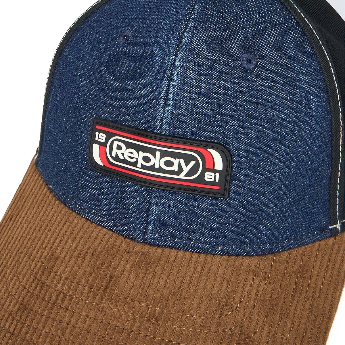 REPLAY｜ミックスド マテリアル パッチ ベースボール キャップ｜帽子｜インディゴ